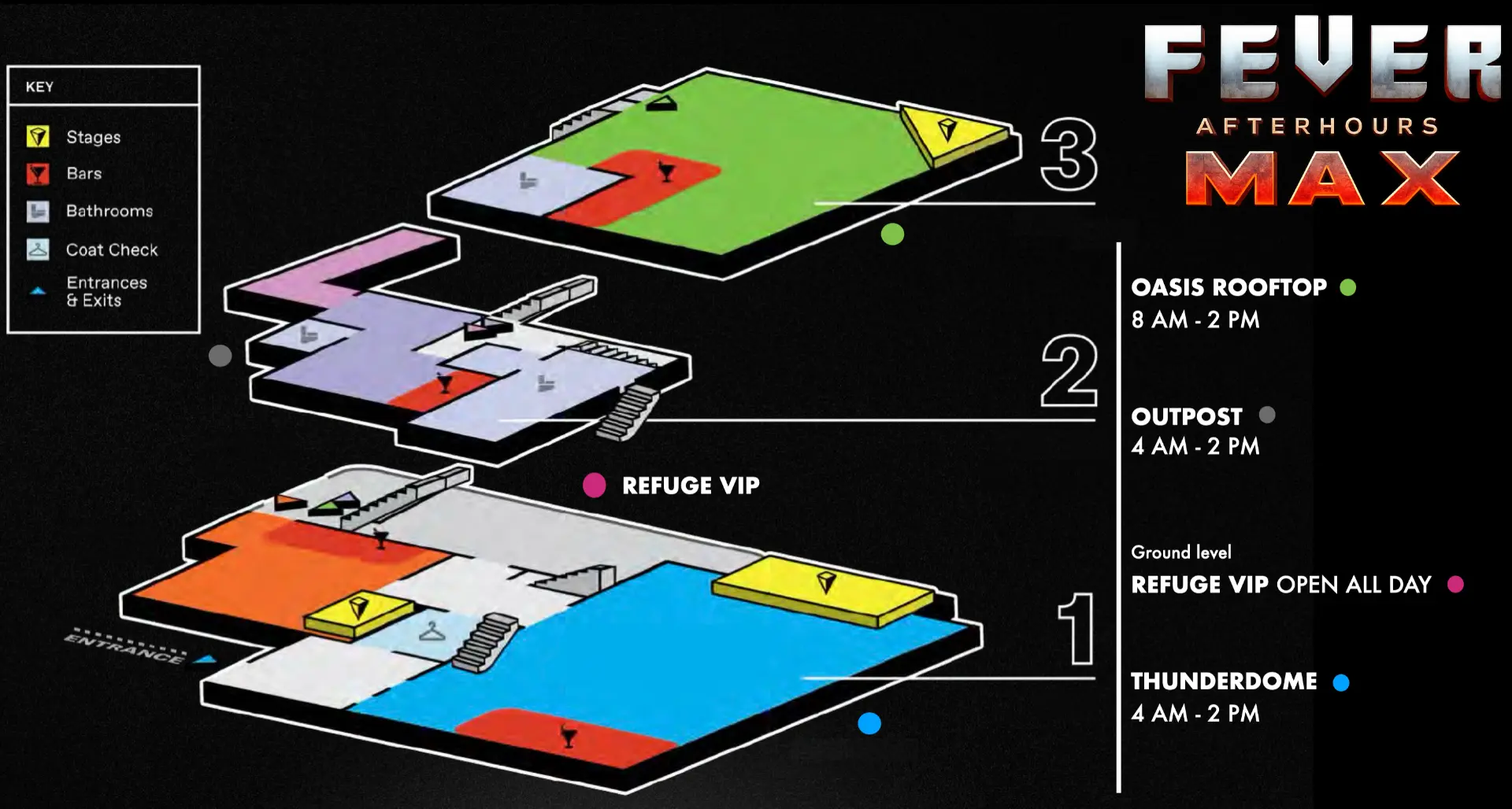FEVER MAX venue map showing the three-floor layout with Thunderdome, Outpost, Refuge VIP, and Oasis Rooftop