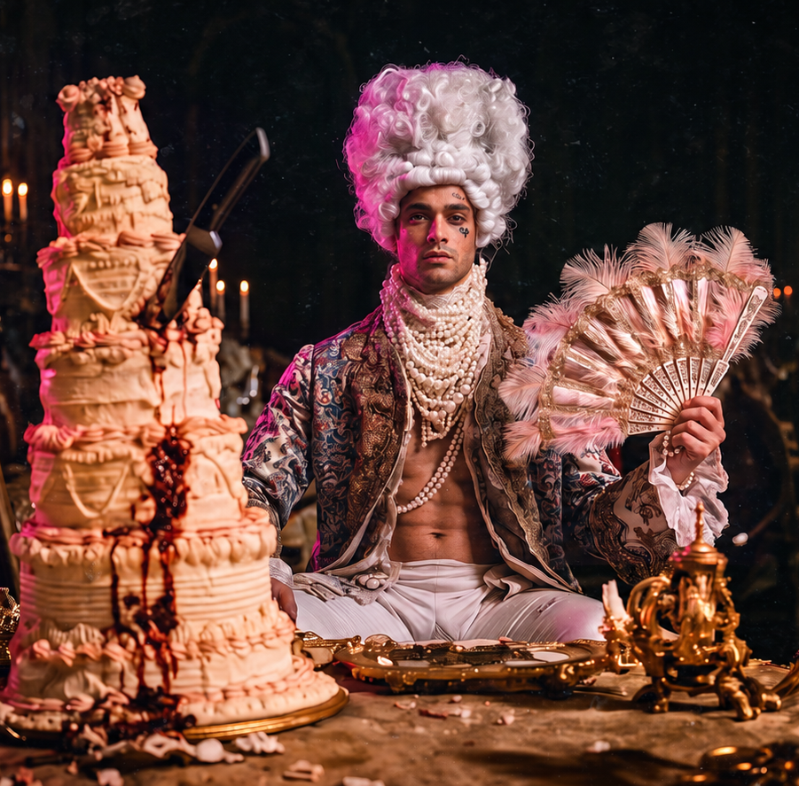 Marie Antoinette–style figure with powdered wig and pearl necklaces beside a bloodied cake
