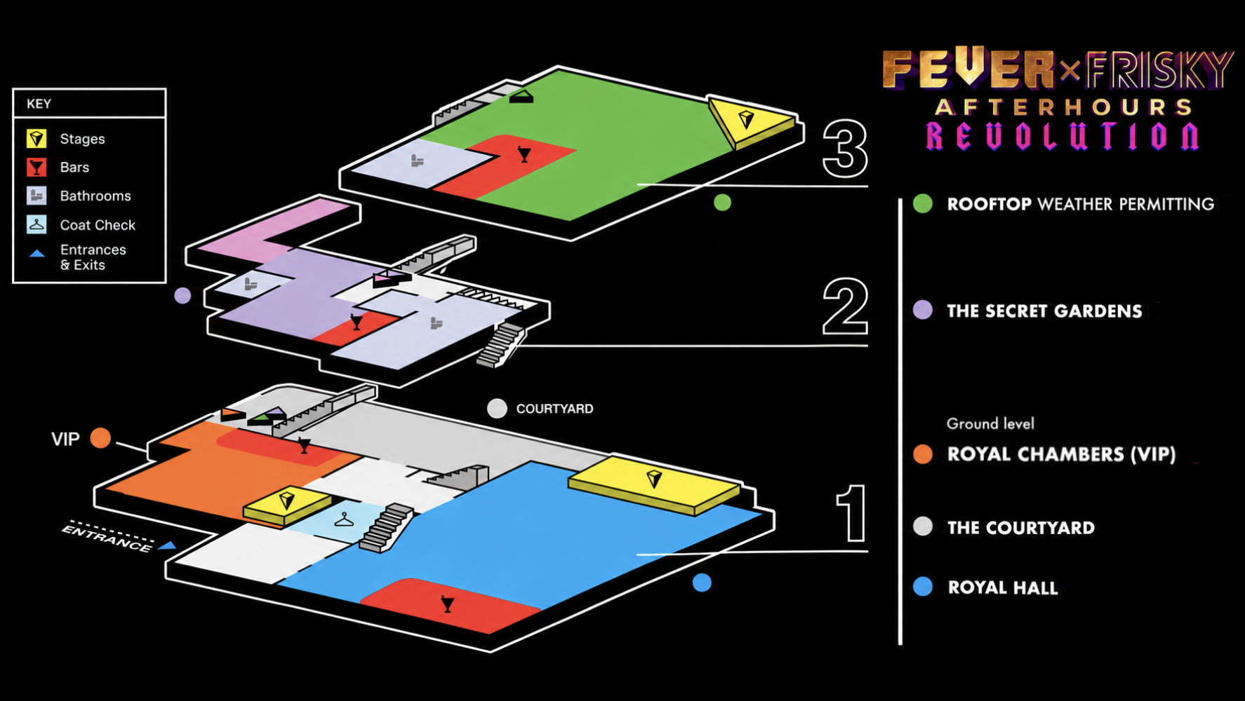 FEVER MAX venue map showing the three-floor layout with Thunderdome, Outpost, Refuge VIP, and Oasis Rooftop