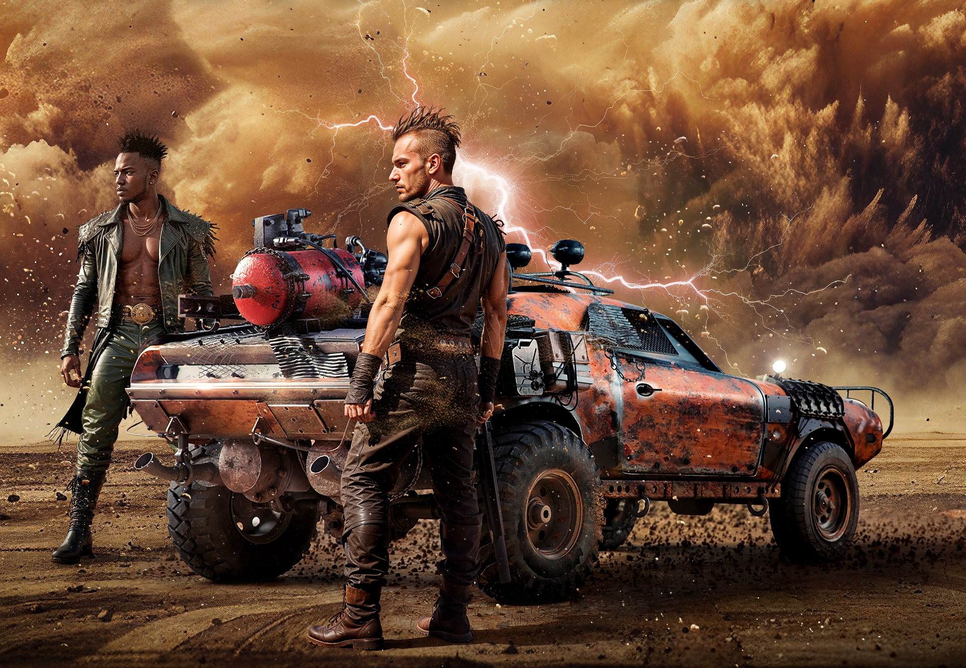 Two costumed warriors beside an armored war rig in a dust storm